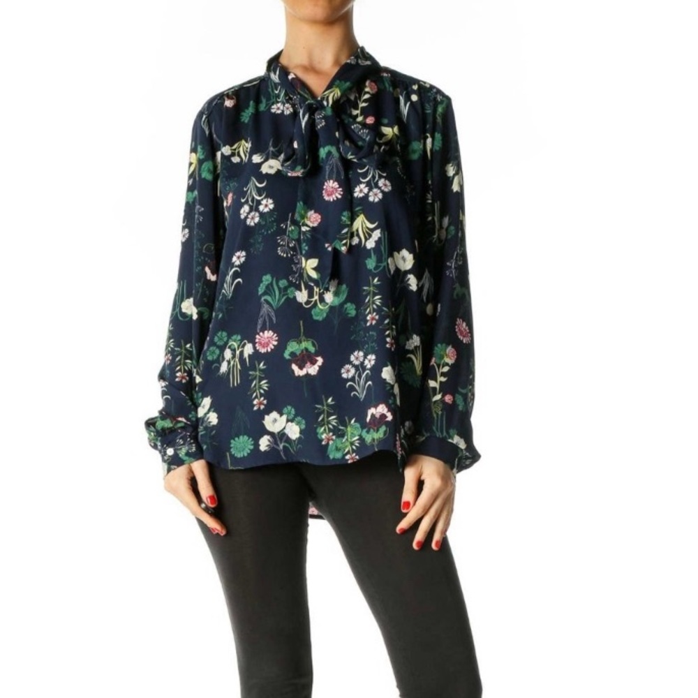 Women's Loft blue floral tie neck pull on  blouse long sleeves XL